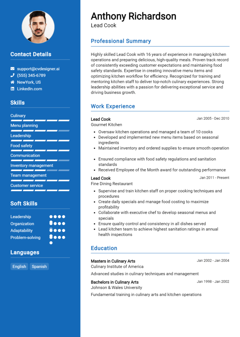 Lead Cook Resume Example for 2025: Ultimate Guide