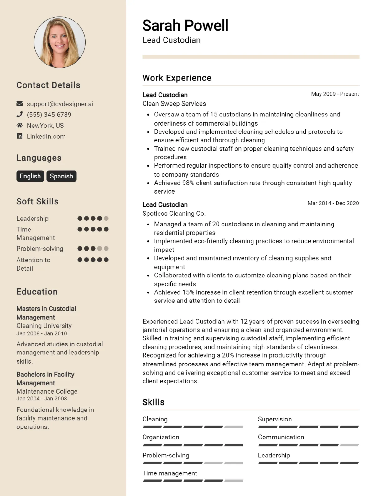 Lead Custodian CV Example