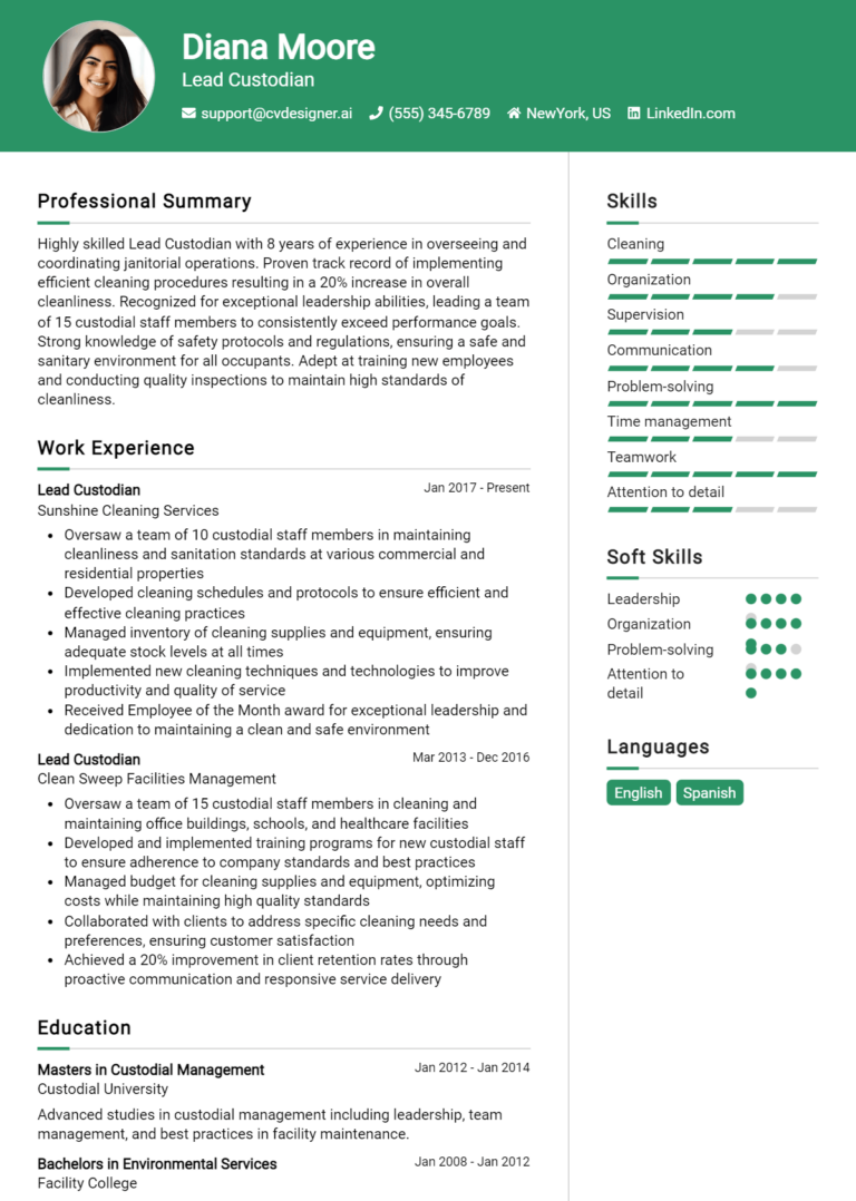 Lead Custodian Resume Example for 2025: Examples & Free Templates