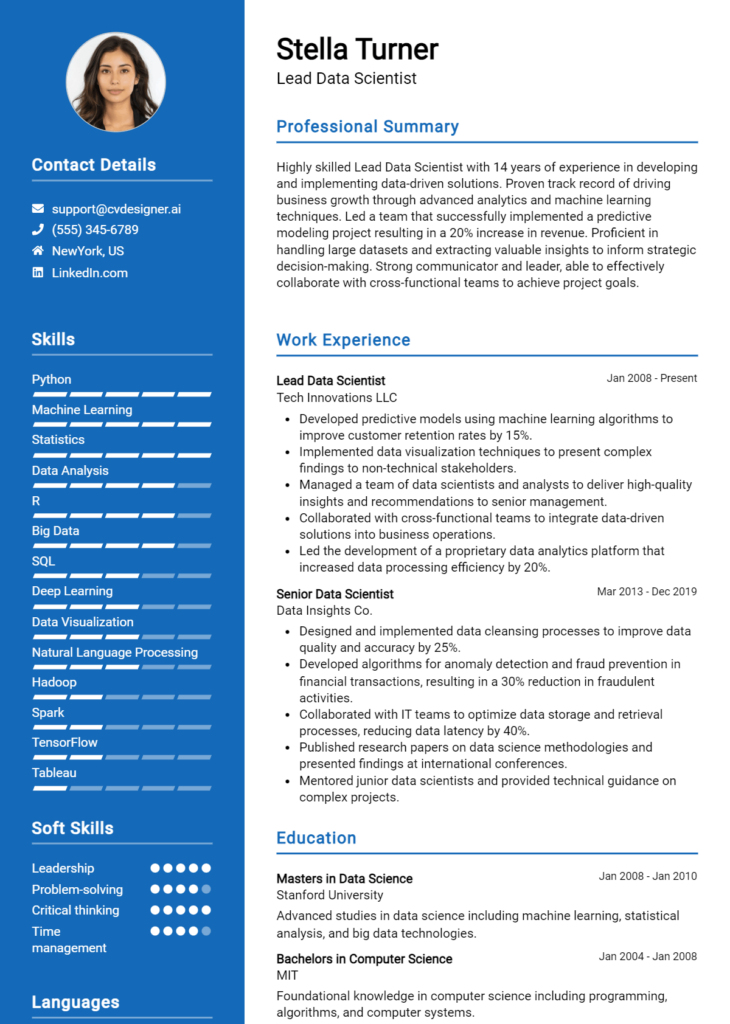 Lead Data Scientist Resume Example