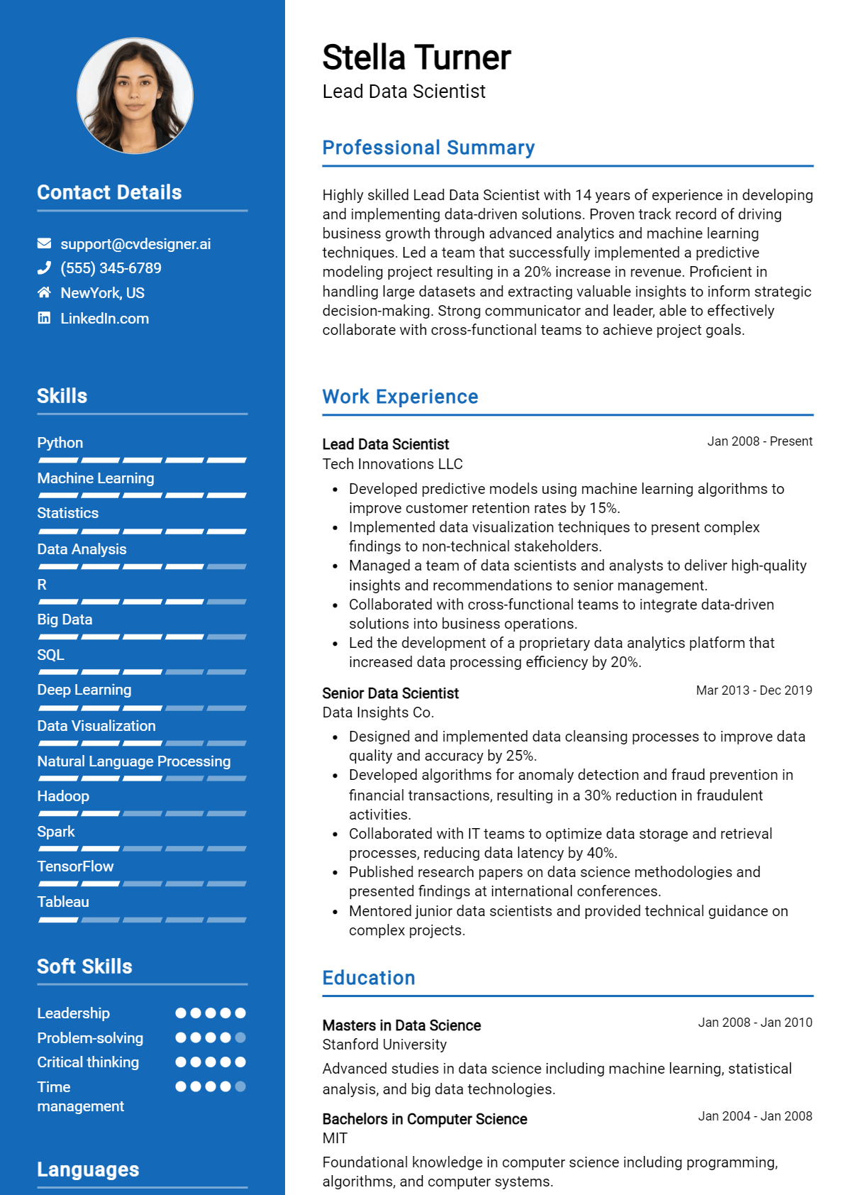 Lead Data Scientist CV Example for 2024: Top Tips & Samples - CVDesigner.ai