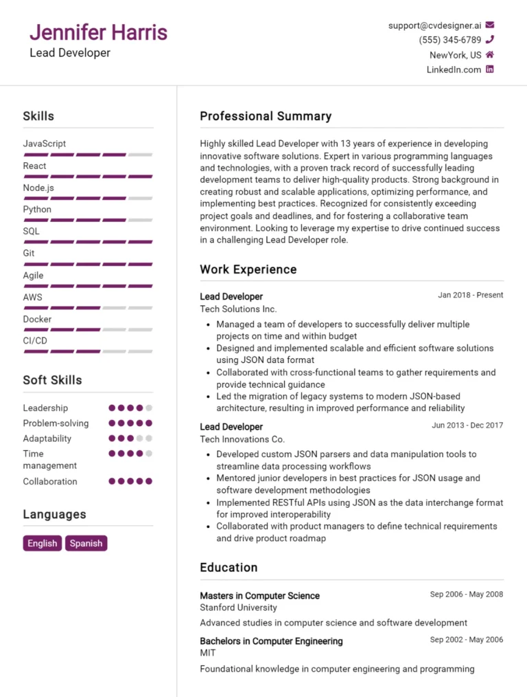 Lead Developer CV Example For 2025: Tips & Templates