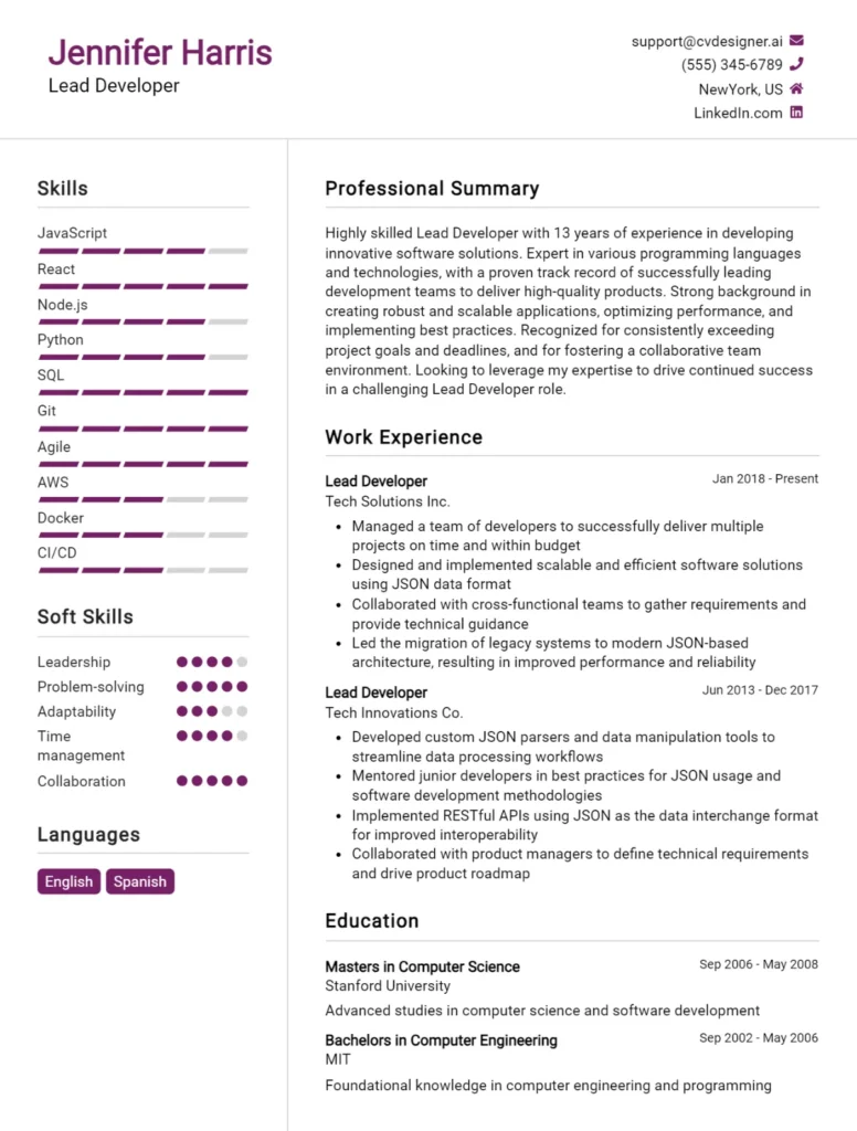 Lead Developer CV Example