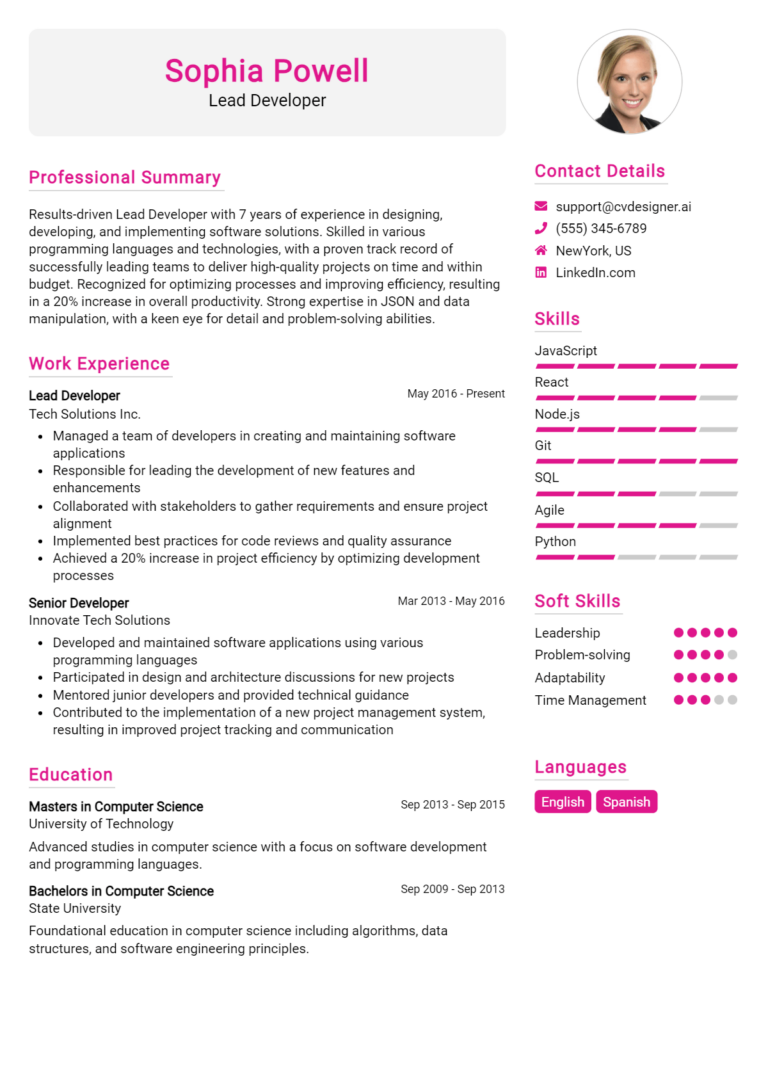 Lead Developer Resume Example for 2025: Writing Guide