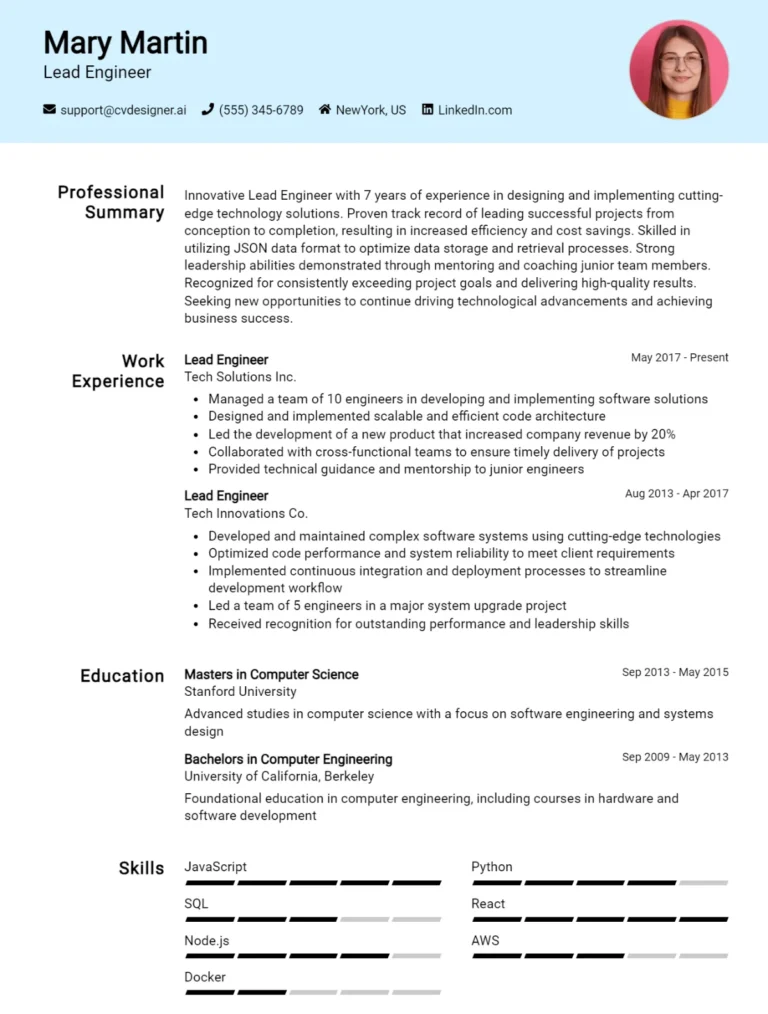 Lead Engineer CV Example For 2025: Tips & Templates