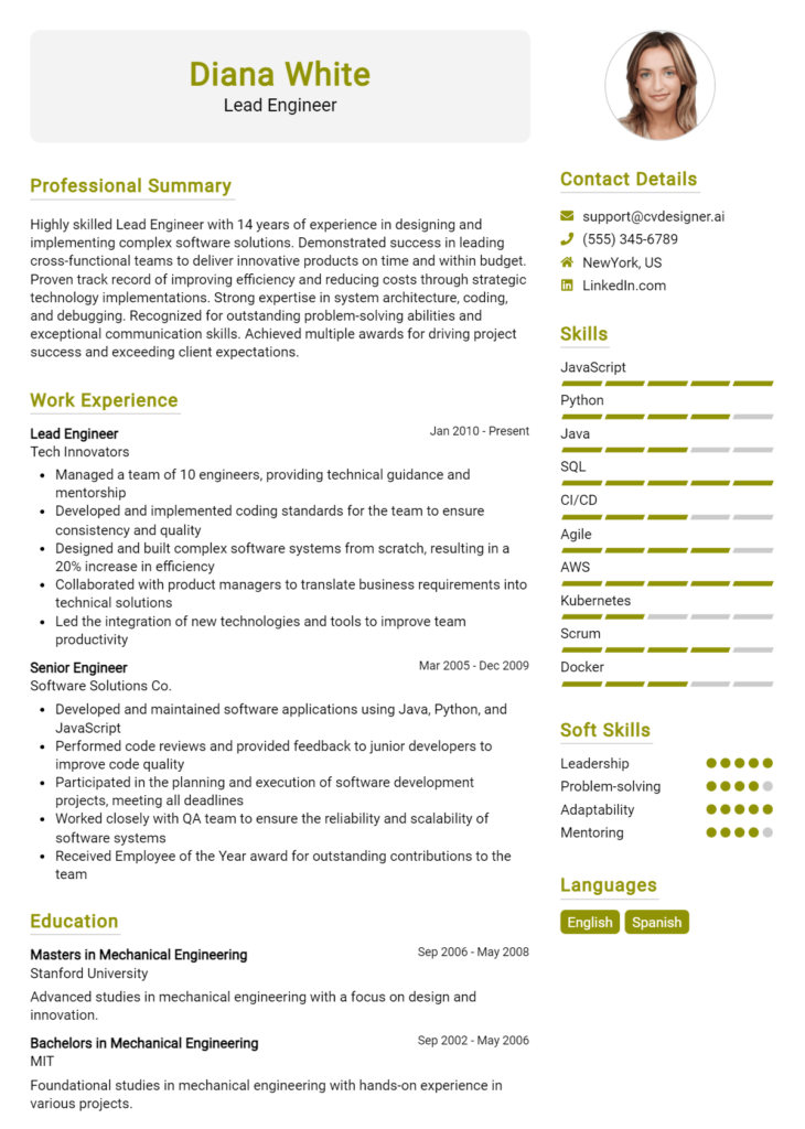 Lead Engineer Resume Example for 2024: Resume Guide - CVDesigner.ai