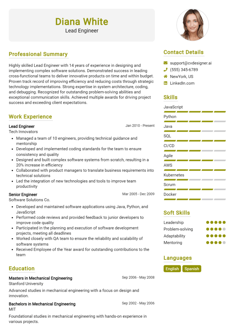 Lead Engineer Resume Example for 2025: Resume Guide