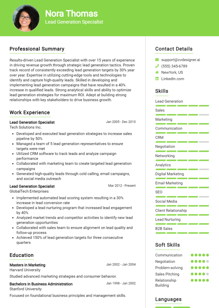 Lead Generation Specialist Resume Example for 2025: Expert Tips