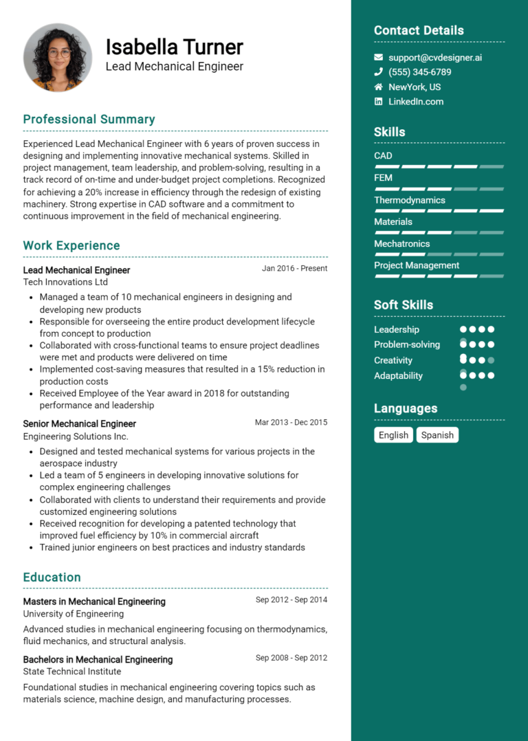 Lead Mechanical Engineer Resume Example for 2025: Examples & Free Templates