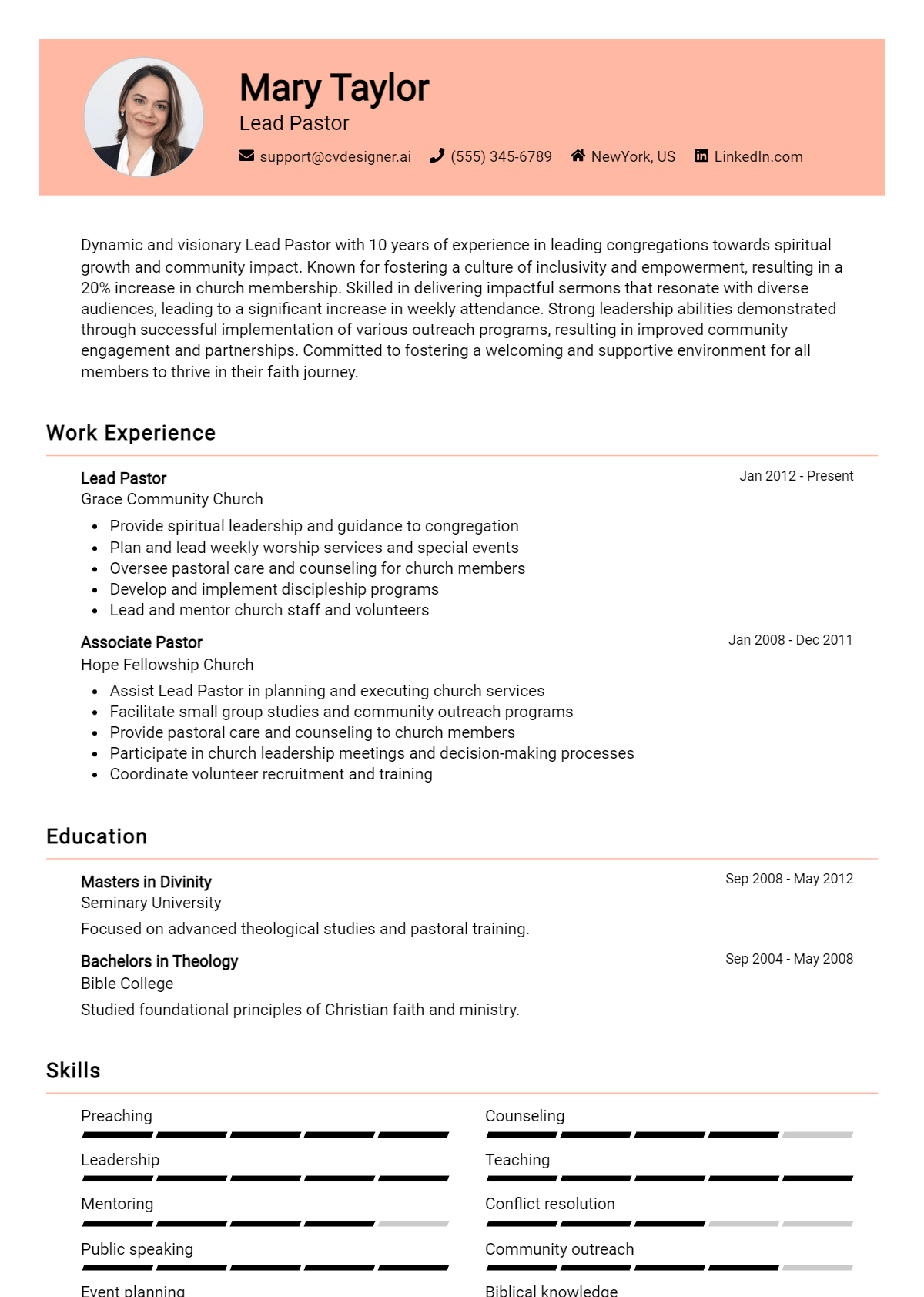 Lead Pastor Resume Example
