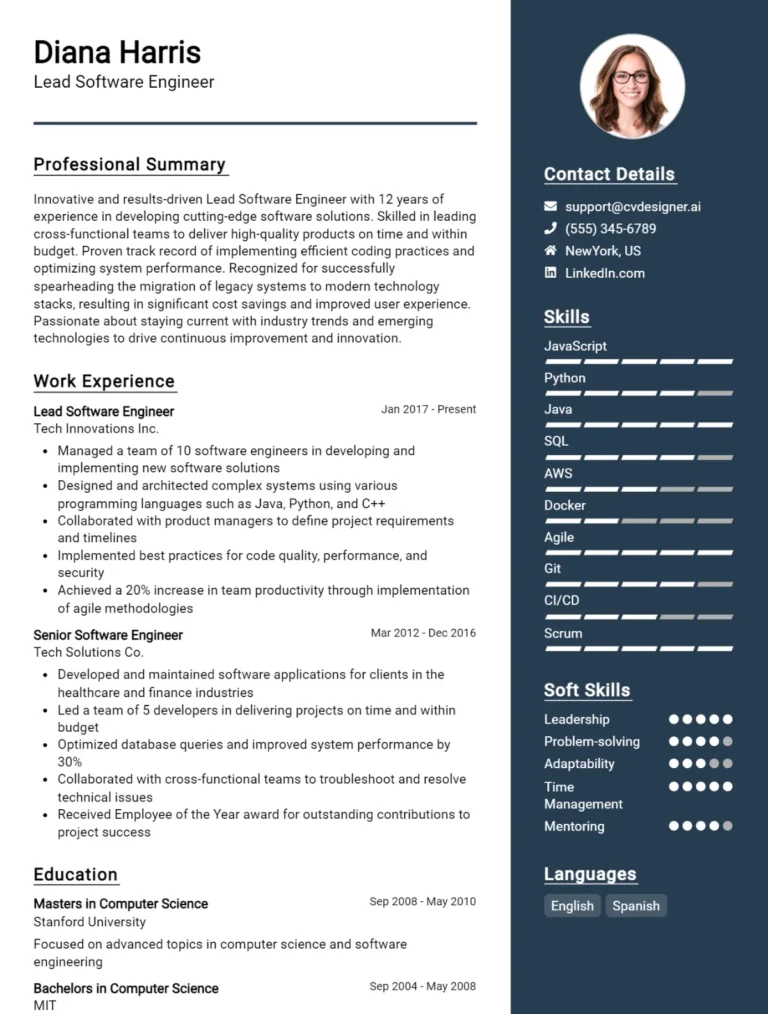 Lead Software Engineer CV Example For 2025: Free Downloadable Templates