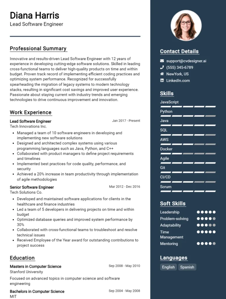 Lead Software Engineer CV Example