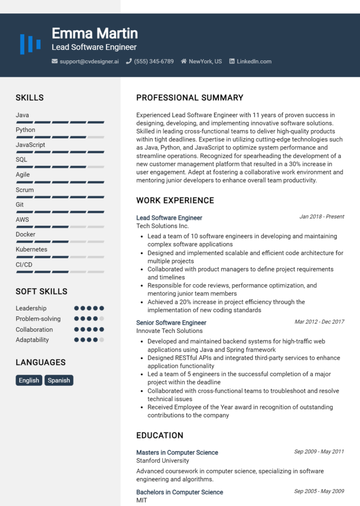 Lead Software Engineer Resume Example