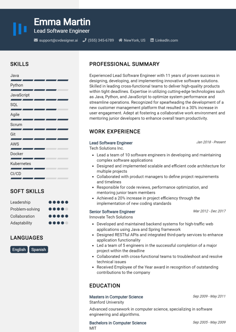 Lead Software Engineer Resume Example for 2025: Best Writing Guide
