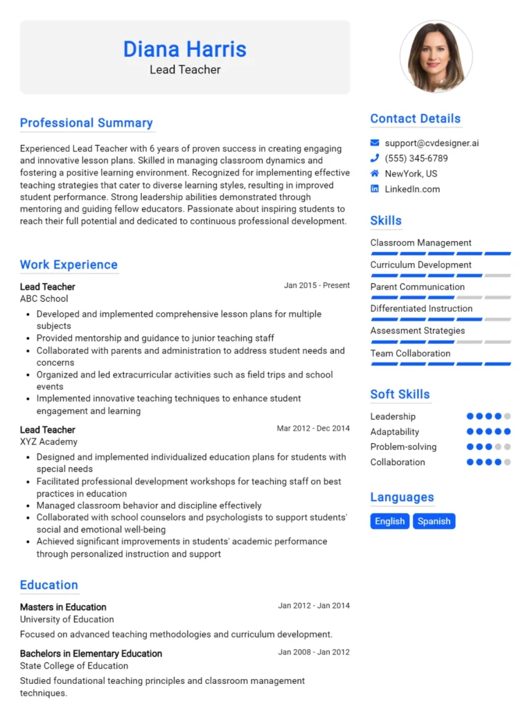 Lead Teacher CV Example For 2025: Free Professional Templates