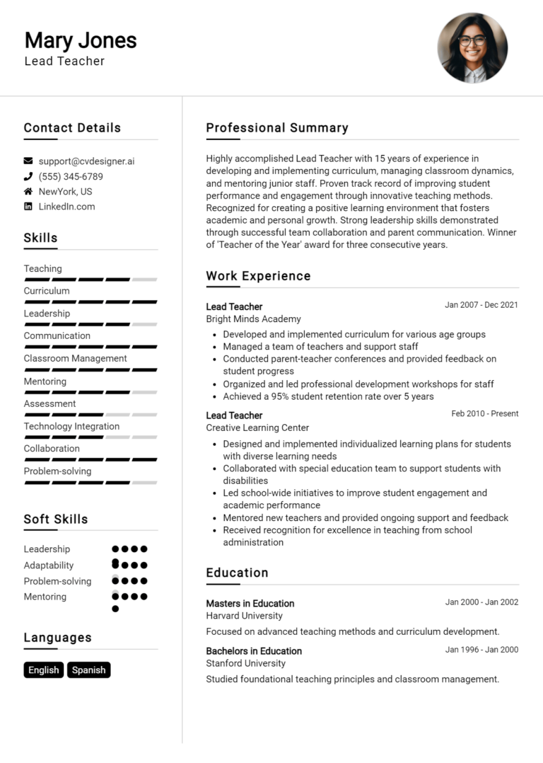 Lead Teacher Resume Example for 2025: Tips & Templates