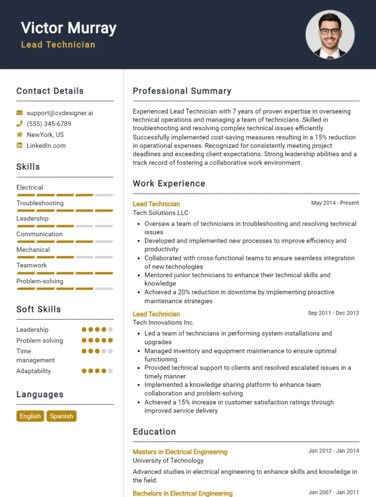 Lead Technician CV Example