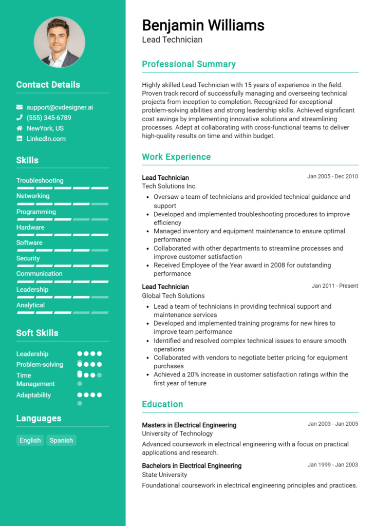 Lead Technician Resume Example