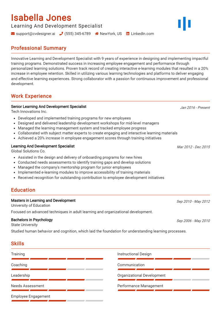 Learning And Development Specialist Resume Example for 2025: Examples & Free Templates