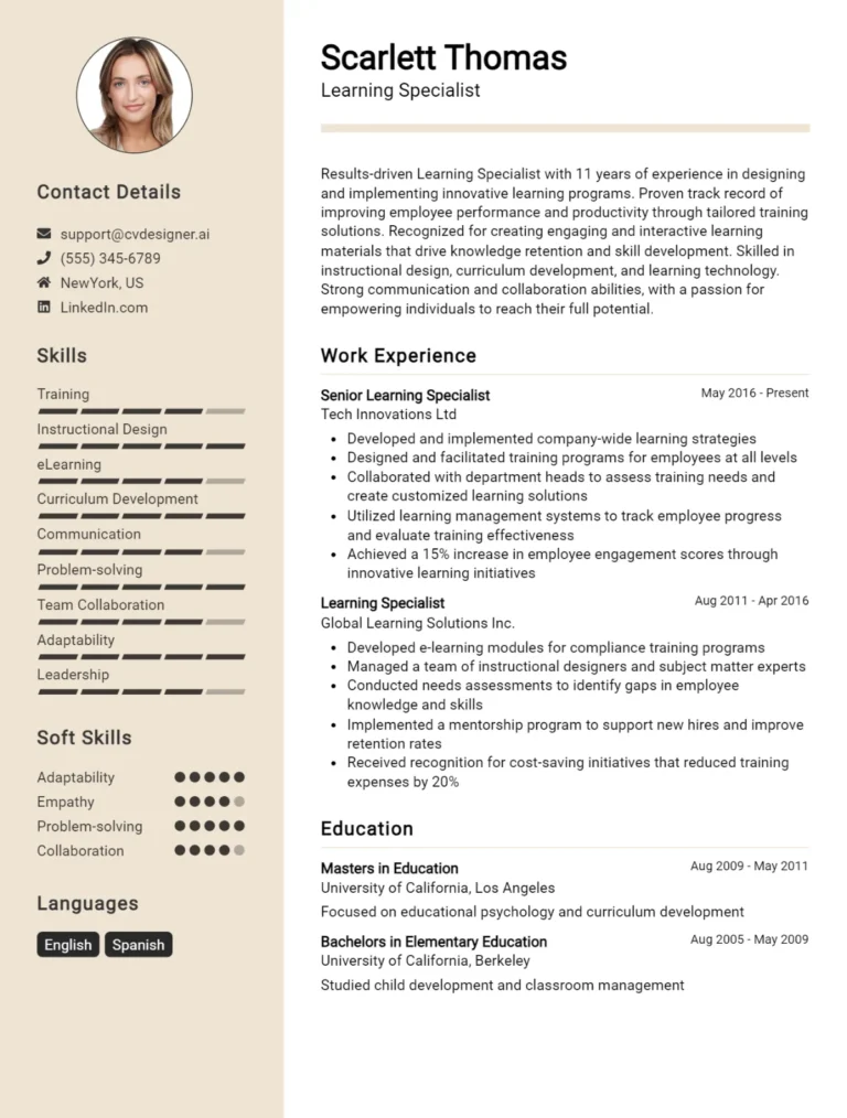 Learning Specialist CV Example For 2025: Tips & Templates