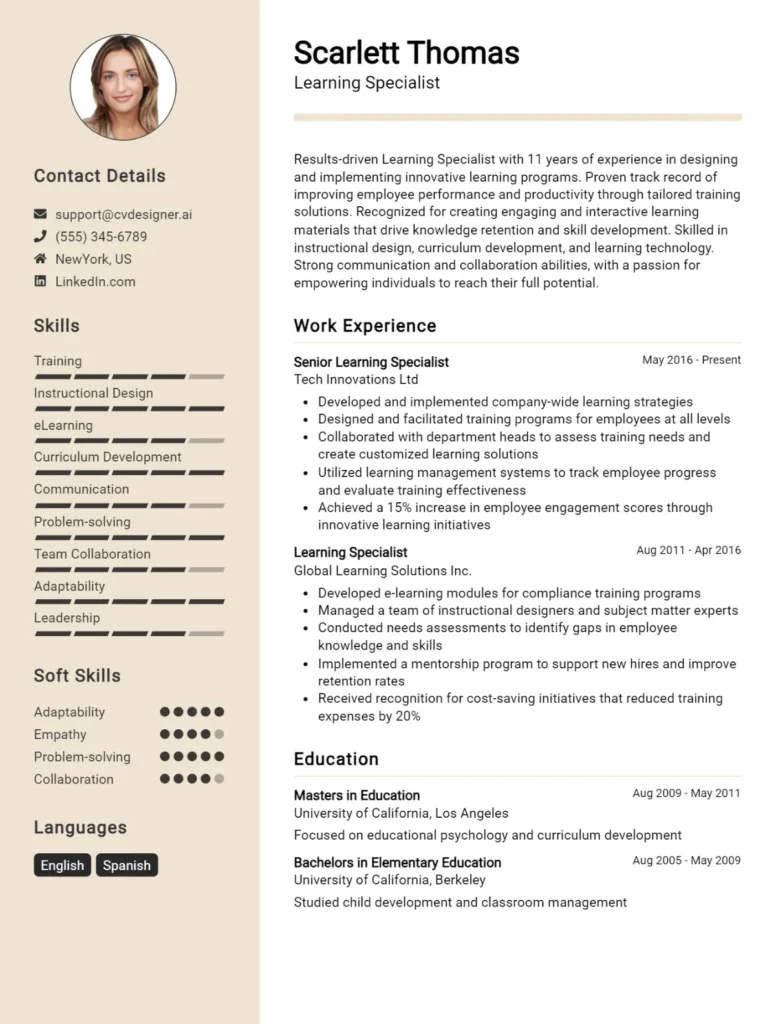 Learning Specialist CV Example