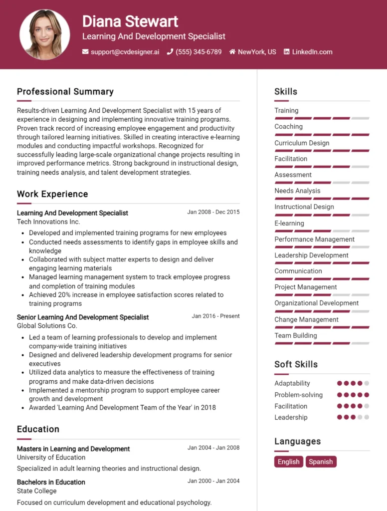 Learning And Development Specialist CV Example