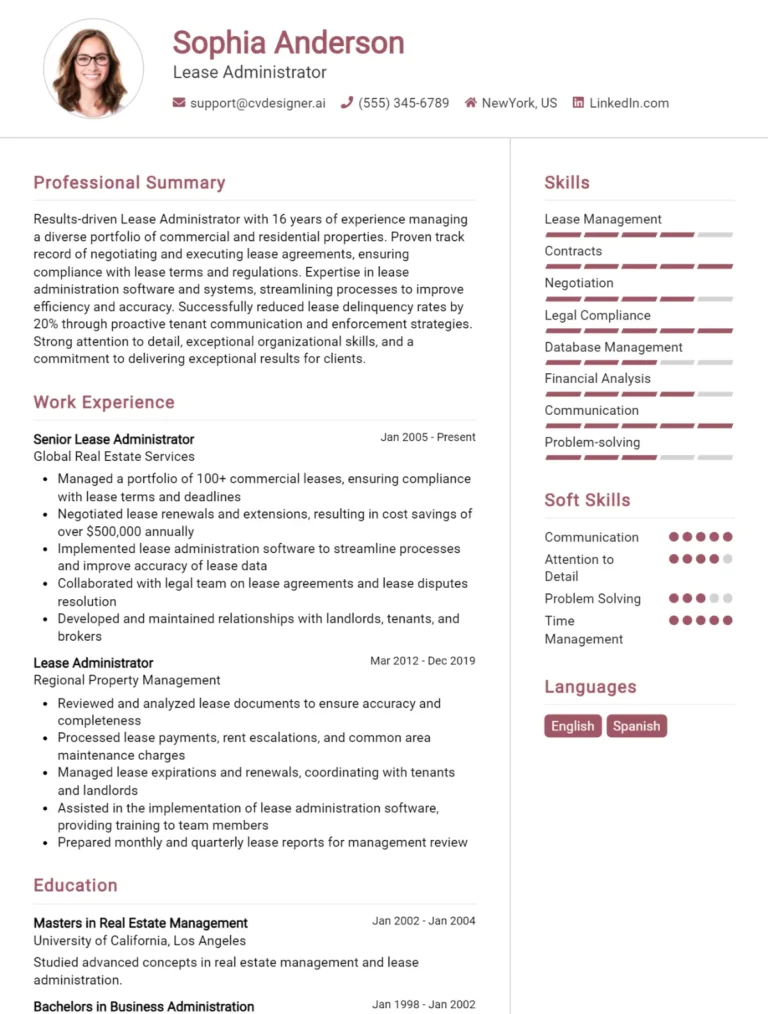 Lease Administrator CV Example For 2025: Samples & Best Practices
