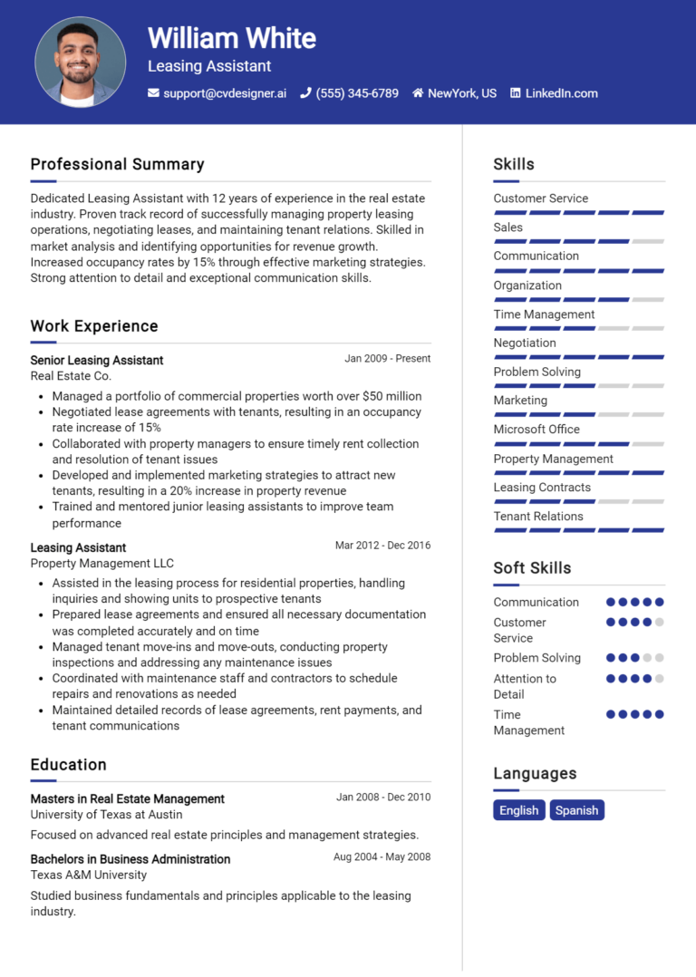 Leasing Assistant Resume Example for 2025: Best Formatting Tips