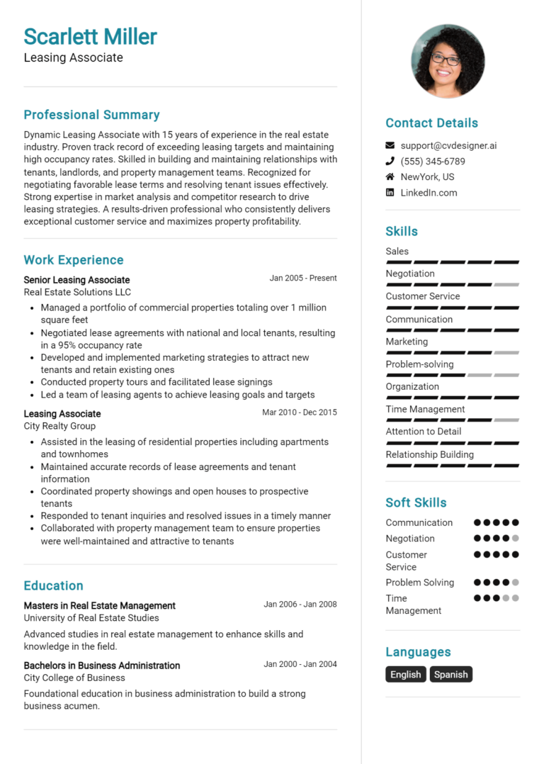 Leasing Associate Resume Example for 2025: Writing Guide
