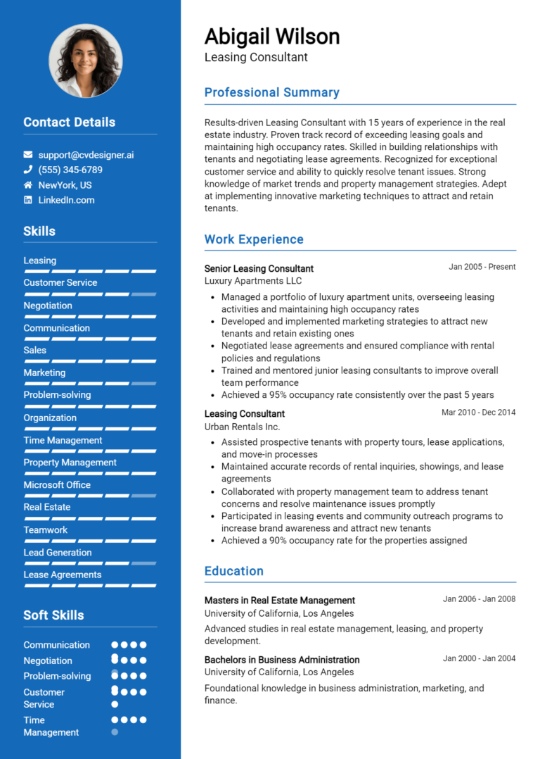 Leasing Consultant Resume Example for 2025: Best Writing Guide