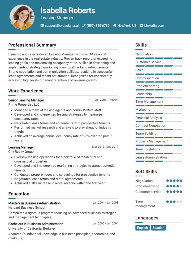 Leasing Manager Resume Example for 2025: Ultimate Guide