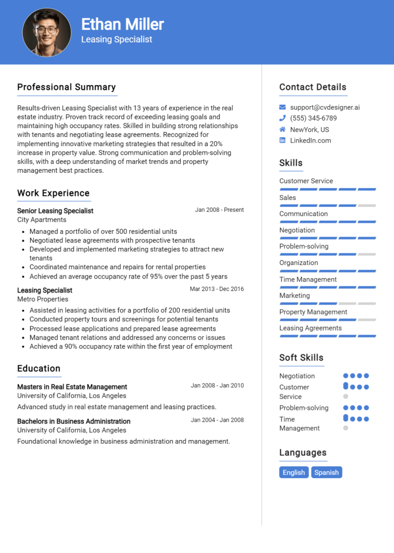 Leasing Specialist Resume Example for 2025: Free Downloadable Templates