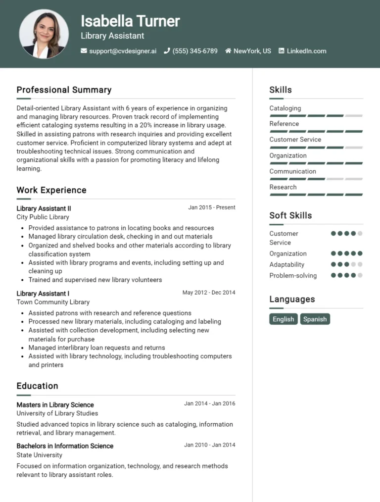 Library Assistant CV Example For 2025: Free Professional Templates