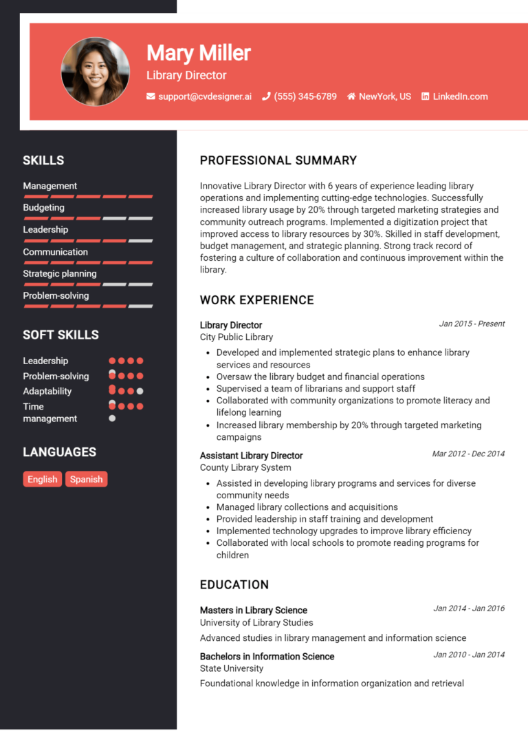 Library Director Resume Example for 2025: Free Professional Templates