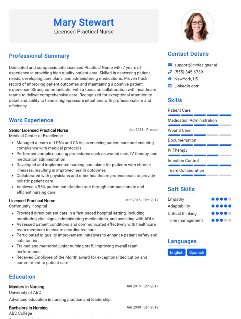 Licensed Practical Nurse CV Example For 2025: Free Professional Templates
