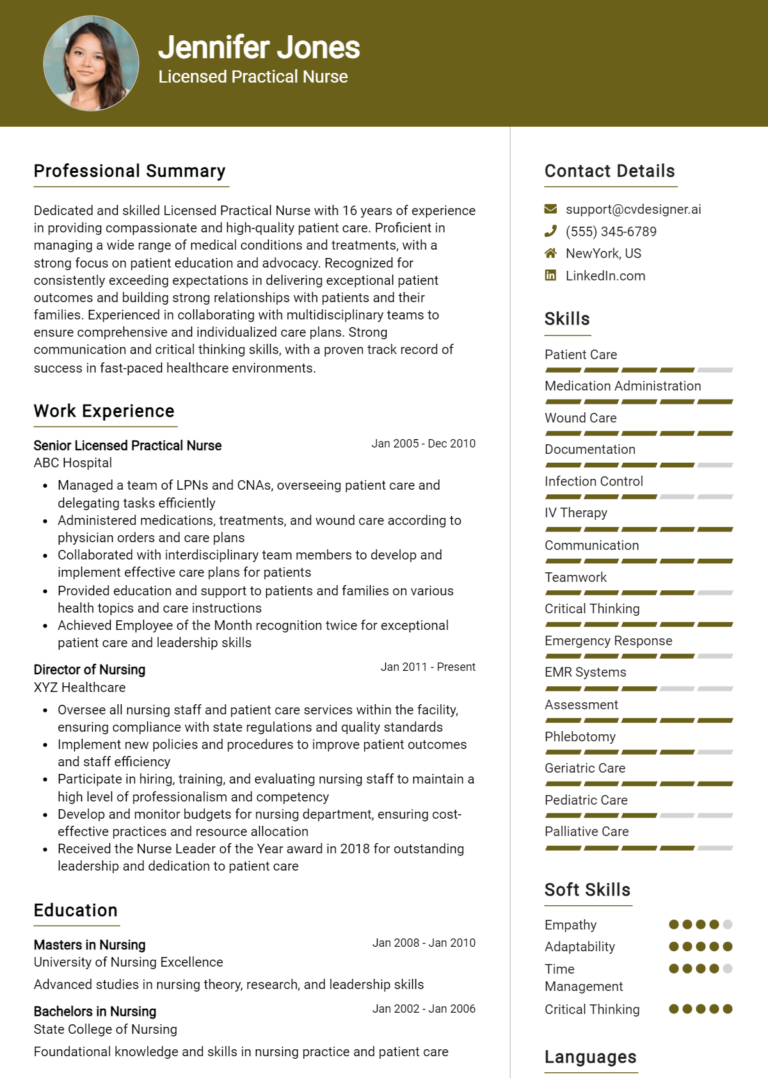 Licensed Practical Nurse Resume Example for 2025: Professional CV Templates