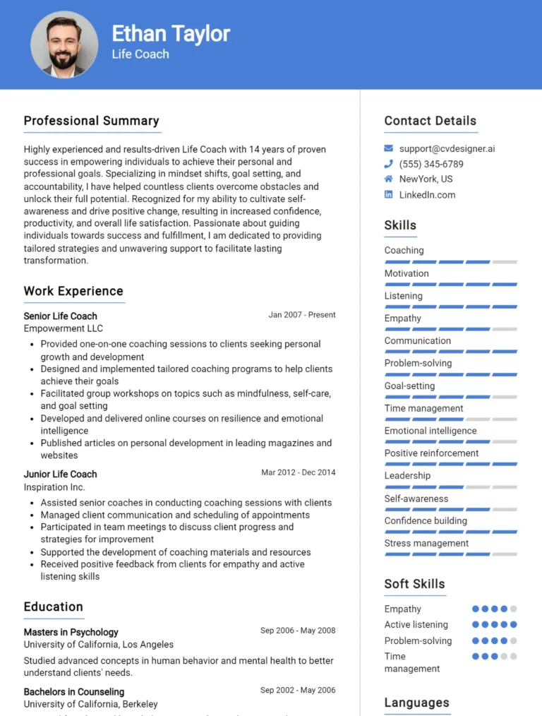 Life Coach CV Example For 2025: Free Downloadable Templates