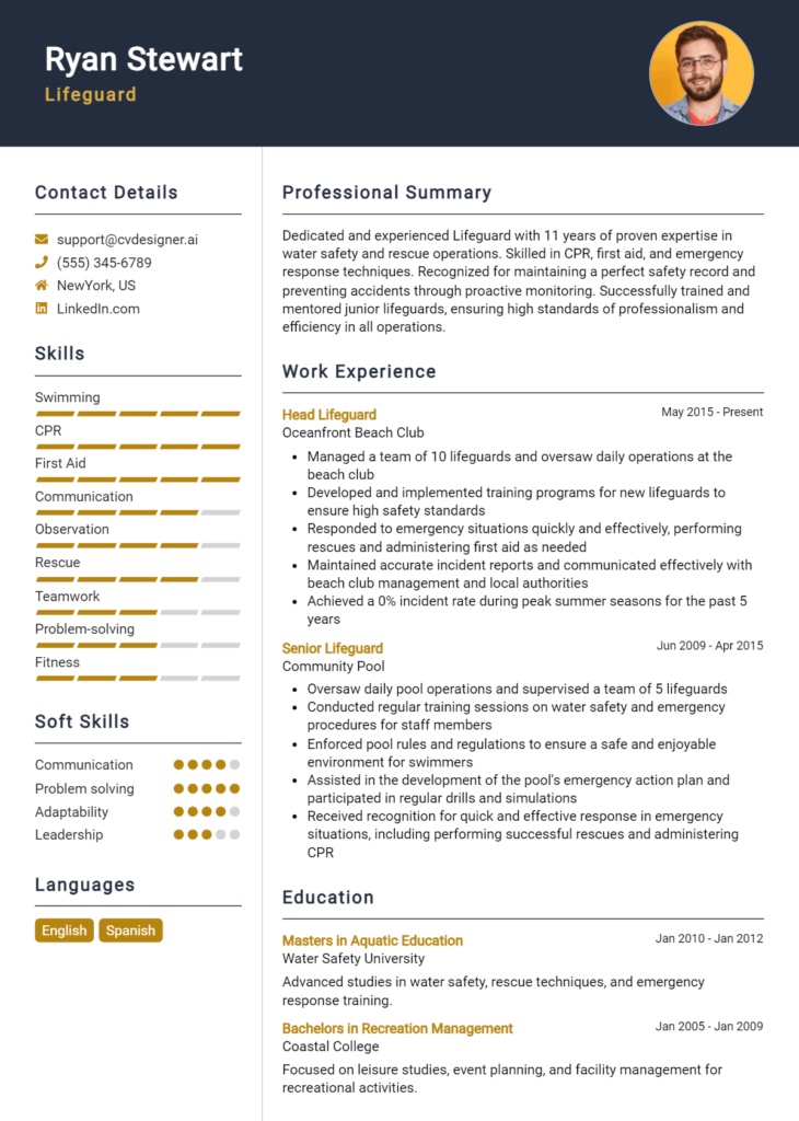 Lifeguard Resume Example for 2024: Best Writing Tips - CVDesigner.ai