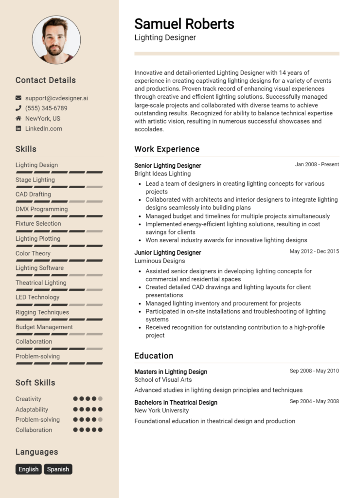 Lighting Designer Resume Example for 2024: Top CV Skills - CVDesigner.ai