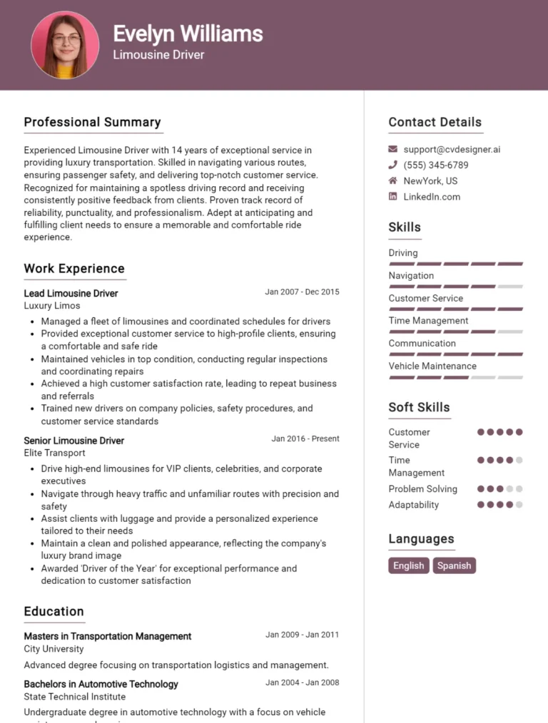 Limousine Driver CV Example For 2025: Tips to Stand Out