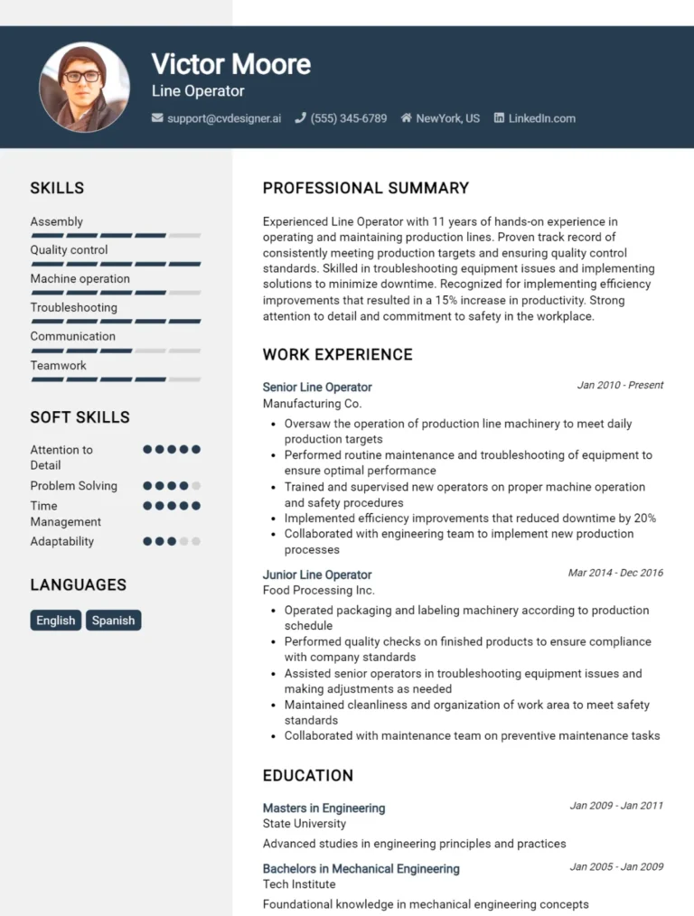 Line Operator CV Example For 2025: Best Writing Guide