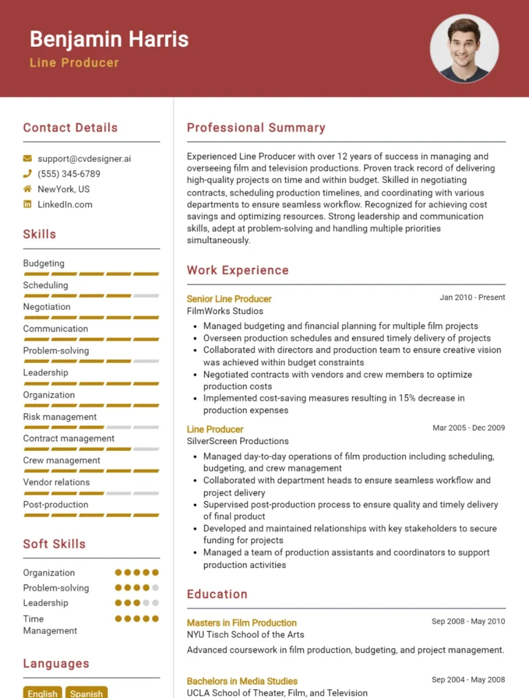 Line Producer CV Example For 2025: Effective CV Writing Tips