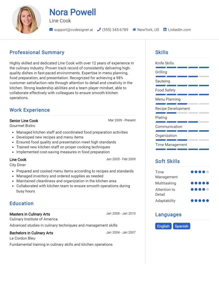 Line Cook CV Example For 2025: How to Create a Professional CV