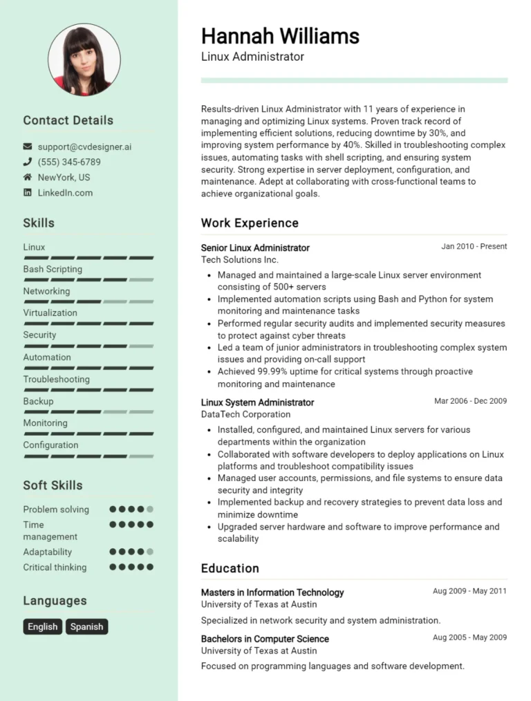 Linux Administrator CV Example For 2025: Best Writing Guide