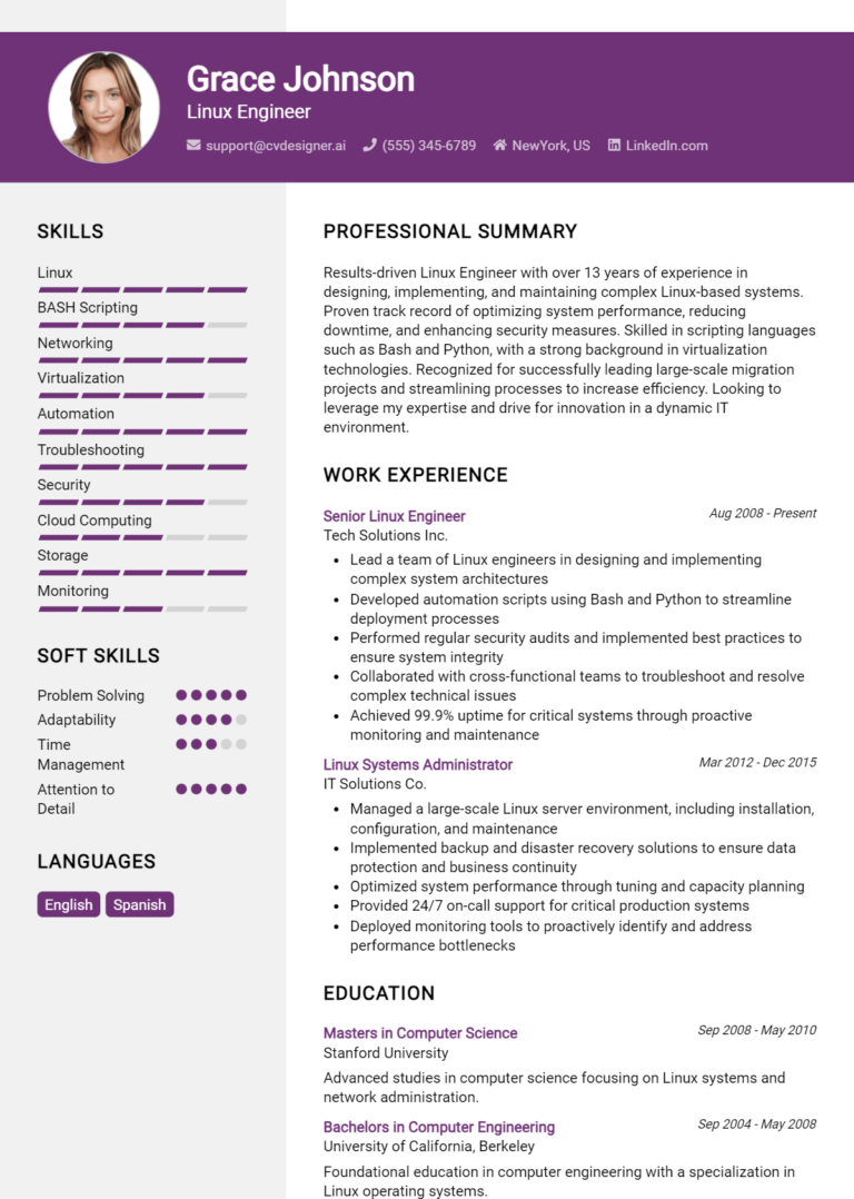 Linux Engineer Resume Example for 2025: Effective Tips