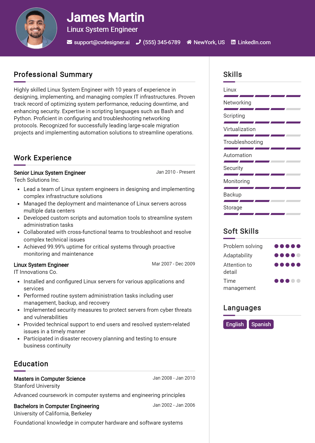 Linux System Engineer Resume Example