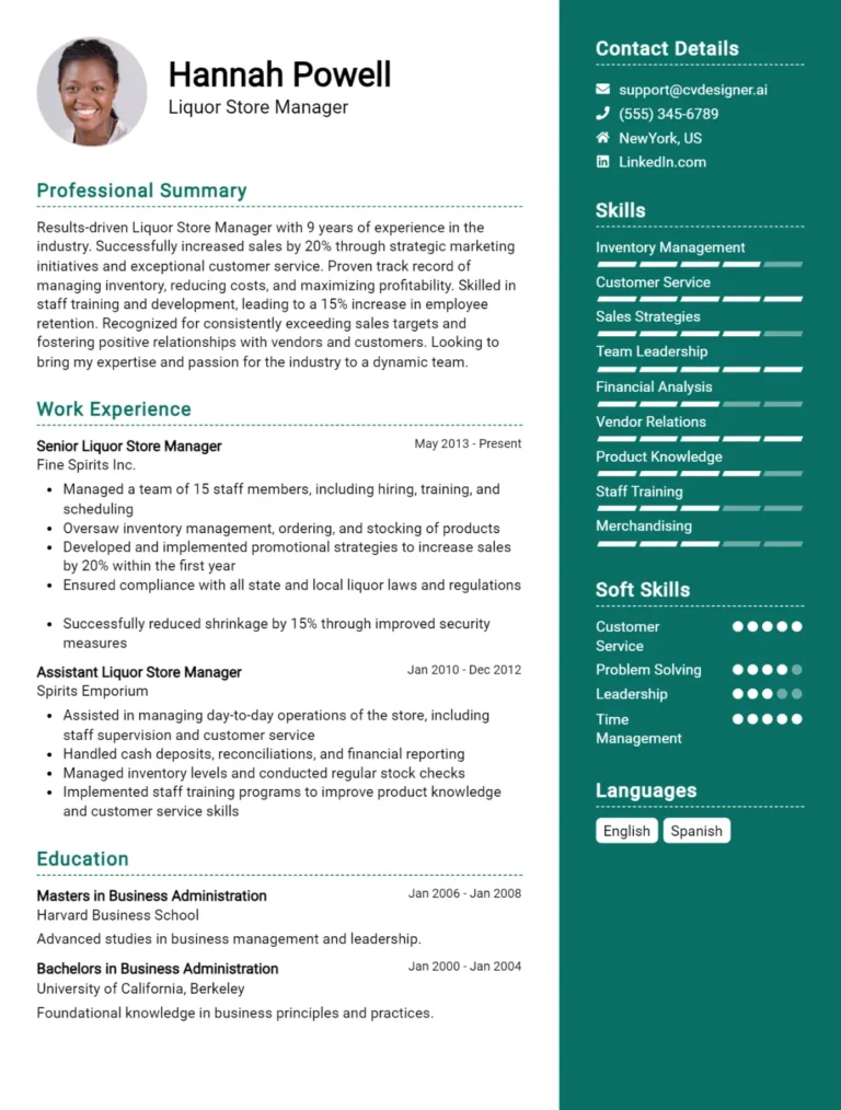 Liquor Store Manager CV Example For 2025: How to Create a Professional CV