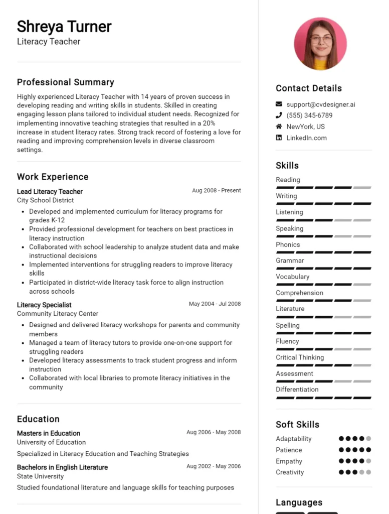 Literacy Teacher CV Example