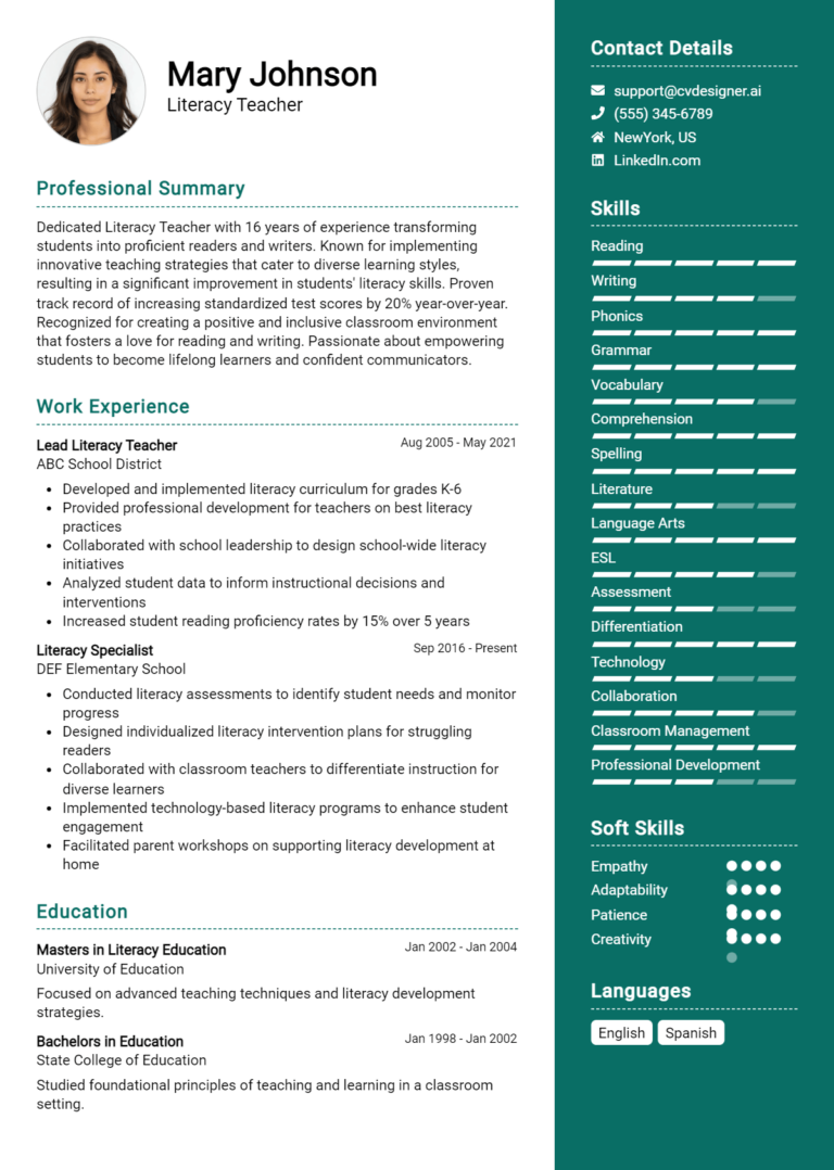 Literacy Teacher Resume Example for 2025: Best Writing Guide