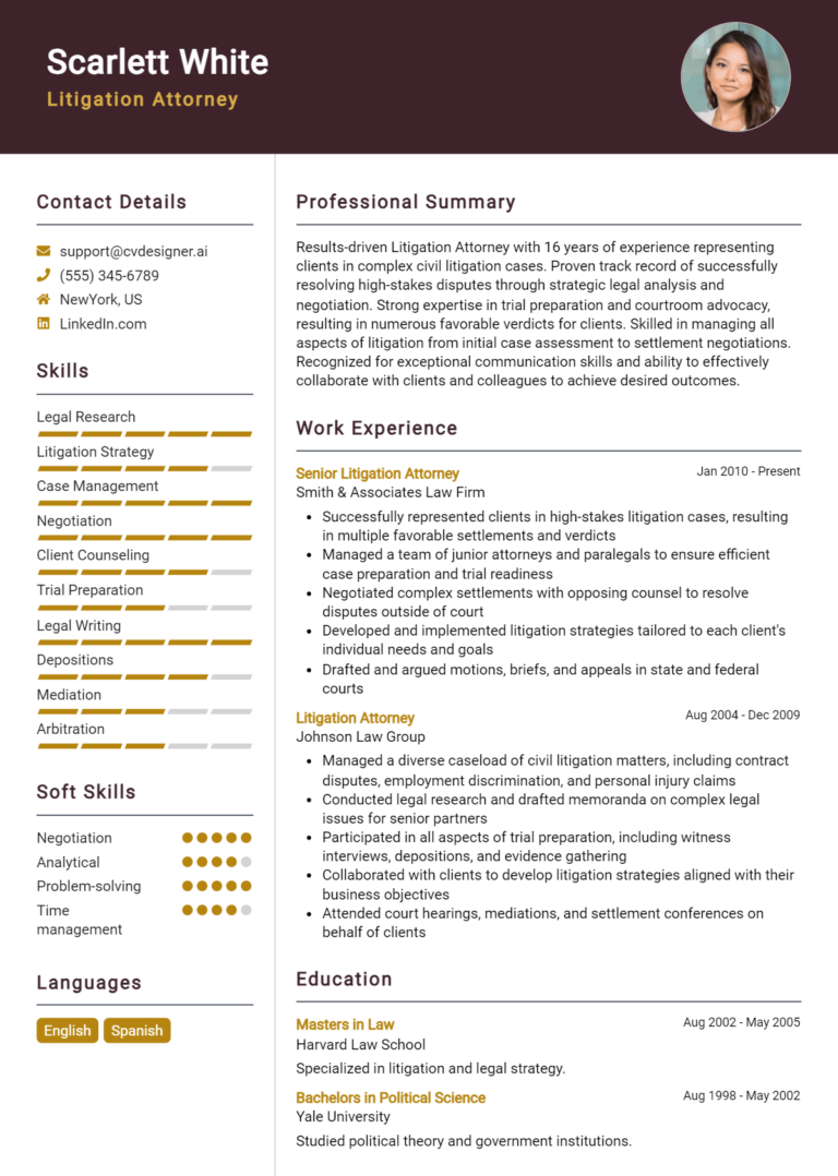Litigation Attorney Resume Example for 2025: Free Professional Templates